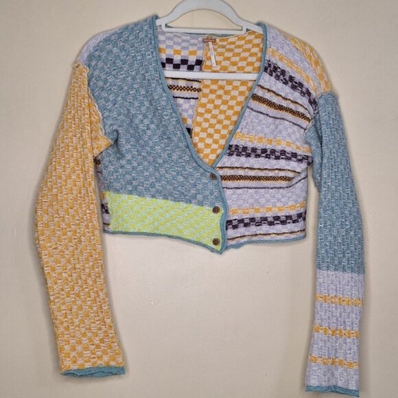 Free People Mixed Print Pieced Ready Set Go Colorful Women's Sweater Cardigan - Picture 5 of 10